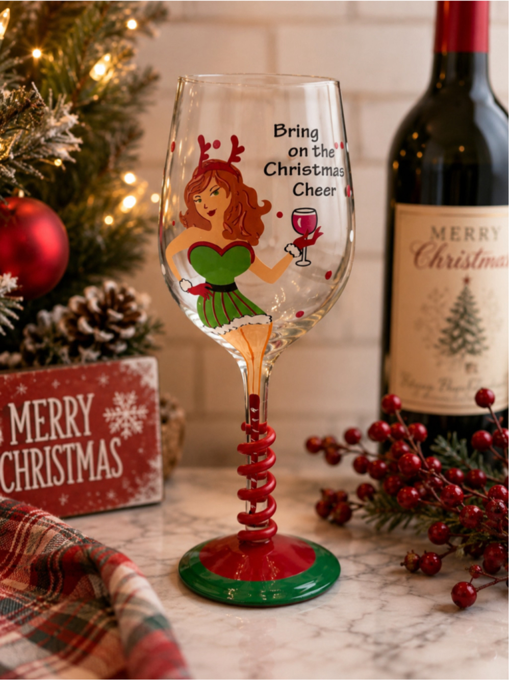 Novelty Christmas Wine Glass Bring On The Christmas Cheer Hand Painted 20 oz